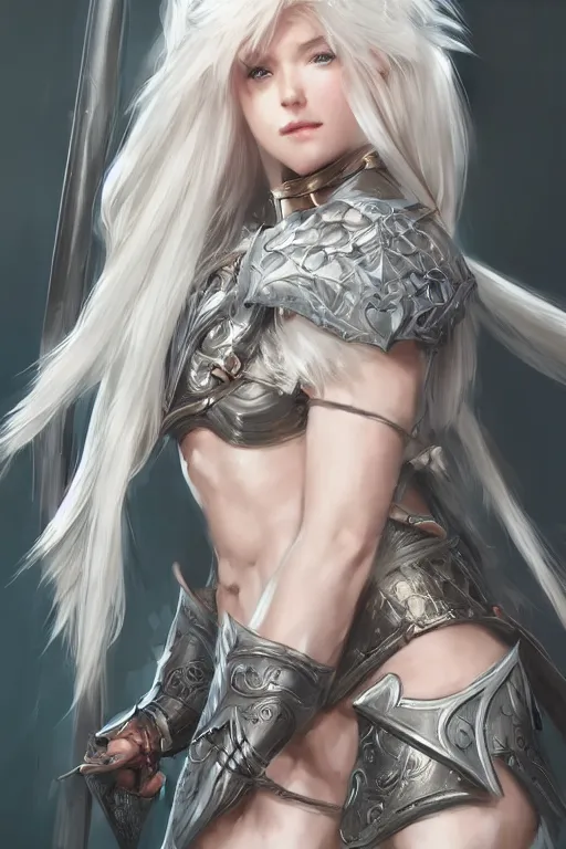 Image similar to A realistic anime portrait of a white haired female barbarian wearing an intricate armor, digital painting, by Stanley Artgerm Lau, Sakimichan, WLOP and Rossdraws, digtial painting, trending on ArtStation, SFW version