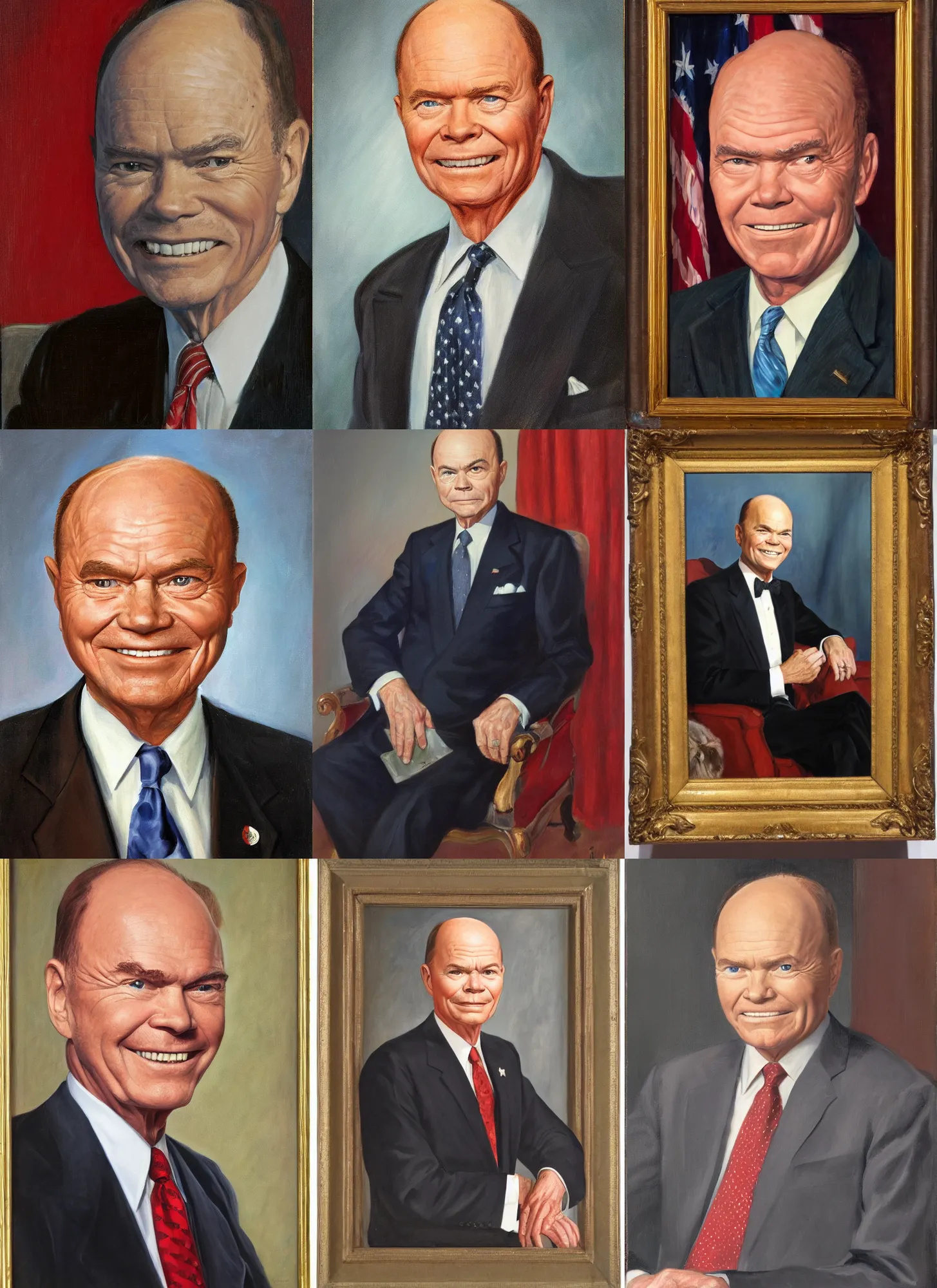Prompt: official portrait of Red Forman, 34th President of the United States, 1953-1961. Portrait by James Anthony Wills. Oil on panel. White House Collection/White House Historical Association