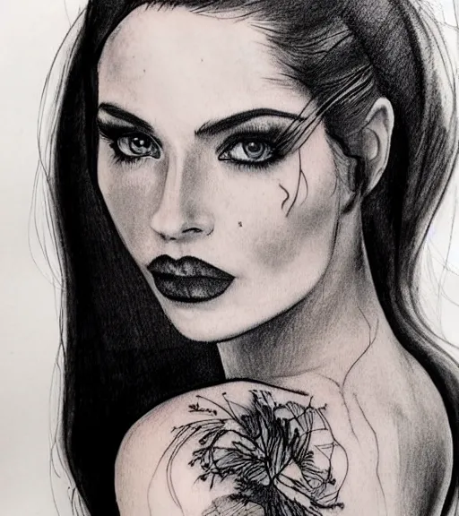 Image similar to tattoo design sketch of an extremely beautiful woman face with a faded background of stunning mountain view on her side, hyper - realistic, in the style of matteo pasqualin, amazing detail, black and white, faded