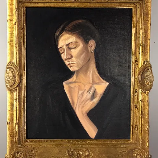 Prompt: a woman in somber contemplation. oil on canvas.