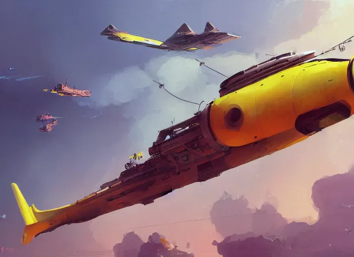 Image similar to a painting of a futuristic yellow submarine plane flying through the sky, red wings, concept art by Ian McQue, cgsociety, highly detailed, artstation, concept art, sci-fi