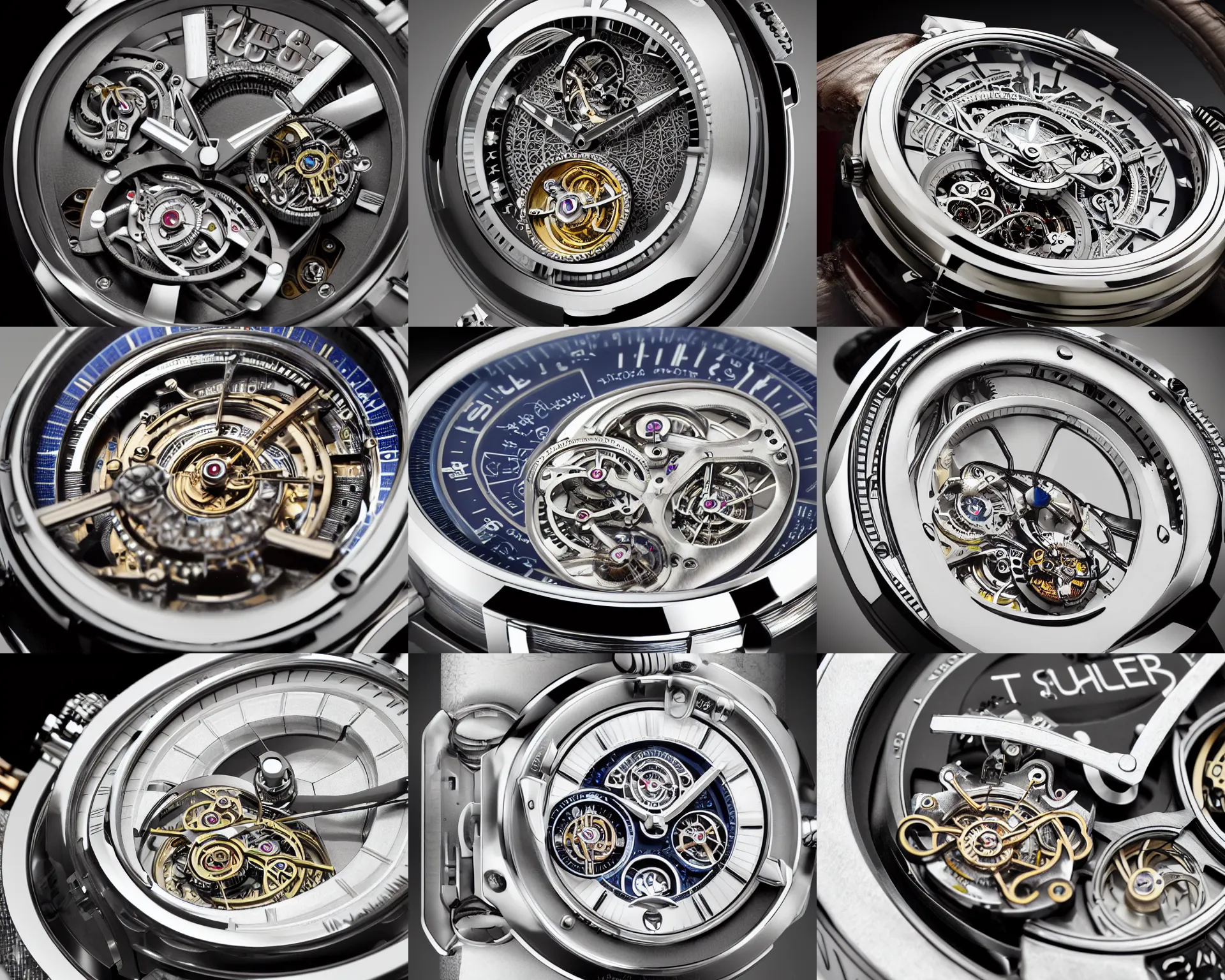 Prompt: a retro futuristic tourbillon watch, extremely detailed, highly intricate, product photography, studio lighting