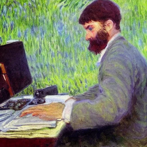 Prompt: monet painting of a frustrated man playing a first person shooter on a computer, highly detailed, realistic,