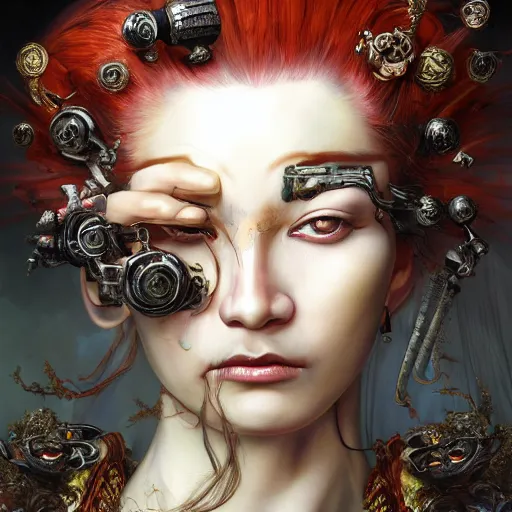 Prompt: portrait, headshot, insanely nice professional hair style, dramatic hair color, digital painting, of a old 17th century, old cyborg merchant, amber jewels, baroque, Chinese Three Kingdoms, ornate clothing, scifi, realistic, hyperdetailed, chiaroscuro, concept art, art by Franz Hals and Jon Foster and Ayami Kojima and Amano and Karol Bak,