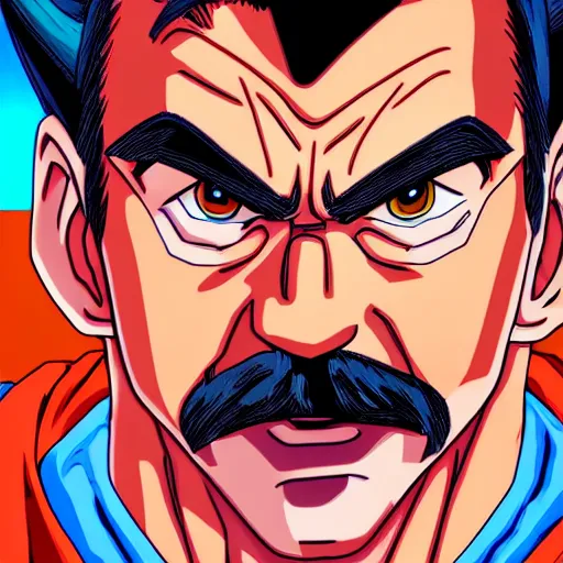 Image similar to ultra realistic portrait painting of tom selleck as goku, art by akira toriyama, 4 k, dragon ball artstyle, cel shaded, highly detailed, epic lighting