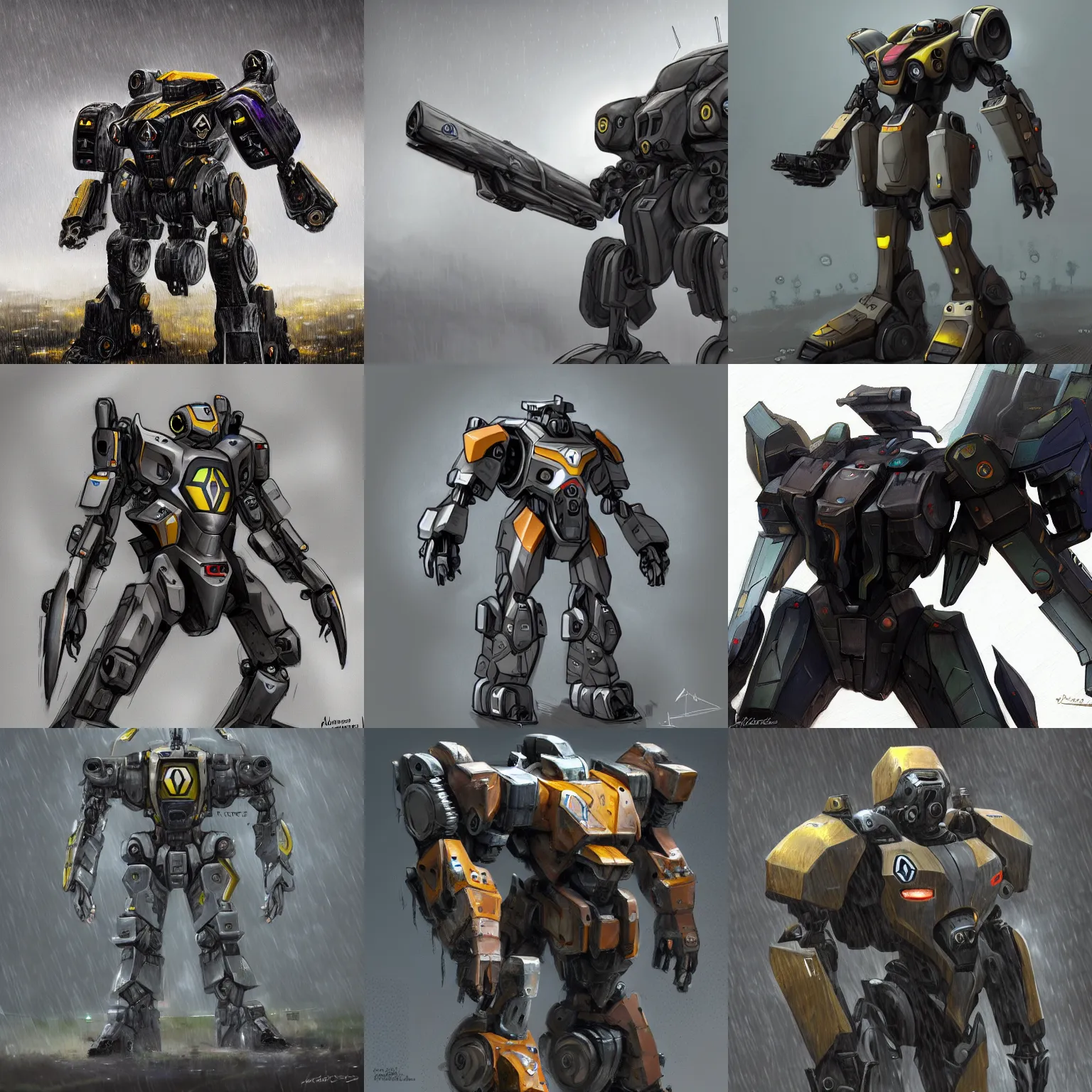 Prompt: a concept art of a renault war mech, highly detailed, fine art, digital art, rainy day, renault armour, renault logo on the chest, trending on artstation by famous artists