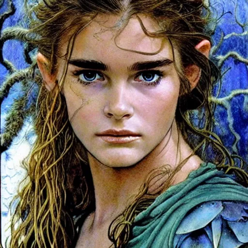 Prompt: a realistic, very beautiful and atmospheric portrait of young brooke shields in the movie blue lagoon aged 1 8 as a druidic warrior wizard looking at the camera with an intelligent gaze by rebecca guay, michael kaluta, charles vess and jean moebius giraud