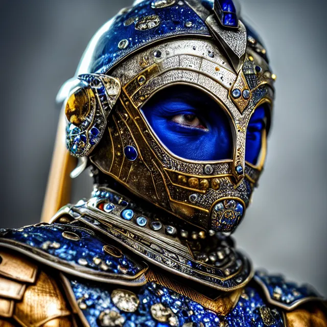 Image similar to photo of a beautiful warrior with sapphire encrusted armour highly detailed 8 k hdr smooth sharp focus high resolution award - winning photo dslr 5 0 mm