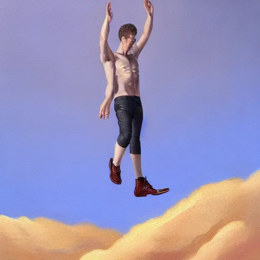 Image similar to man floating in air in a void, oil painting, pale colors, high detail, 8 k, wide angle, trending on artstation,