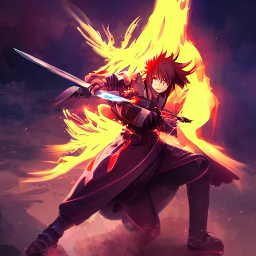 Prompt: « Concept art of an anime character fighting with two epic swords of flame, with an epic pose, trending in artstation »