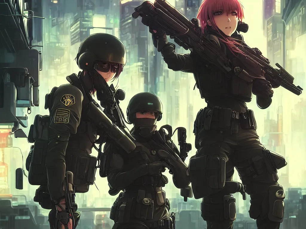 Prompt: anime key visual of a young female swat officer fighting male blood hound, neon, cyberpunk, futuristic, stunning, highly detailed, digital painting, smooth, soft focus, illustration, movie poster, japanese typography, digital art from artstation by artgerm and greg rutkowski and alphonse mucha