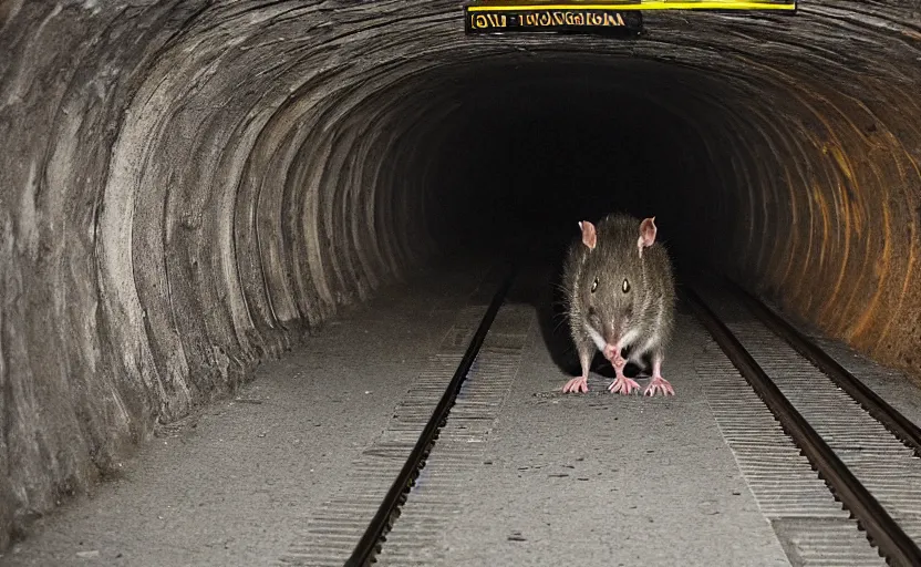 Prompt: very large giant mutant antropomorphic rat in tonnel of moscow subway. extreme high detail. fear, darkness, photo by russos