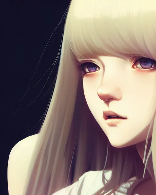 Prompt: really cool up close portrait of a beautiful blonde english emo girl in tshirt, by saruei and guweiz and ilya kuvshinov and rockwell and warhol and range murata!!, magic art, sleek curves, intricate sharp focus, trending on artstation hq, deviantart, pinterest, unreal engine 5, 4 k uhd image