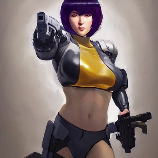 Image similar to greg manchess portrait painting of partially armored motoko kusanagi as overwatch character, medium shot, asymmetrical, profile picture, organic painting, sunny day, matte painting, bold shapes, hard edges, street art, trending on artstation, by huang guangjian, gil elvgren, ruan jia, greg rutkowski, gaston bussiere