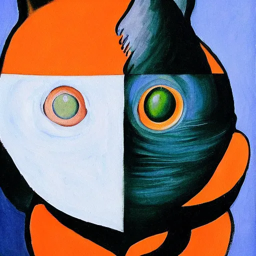 Prompt: a painting of an orange cat looking profoundly into the eyes of the beholder, a gouache by rene magritte, flickr, vorticism, soviet propaganda, 1 9 7 0 s