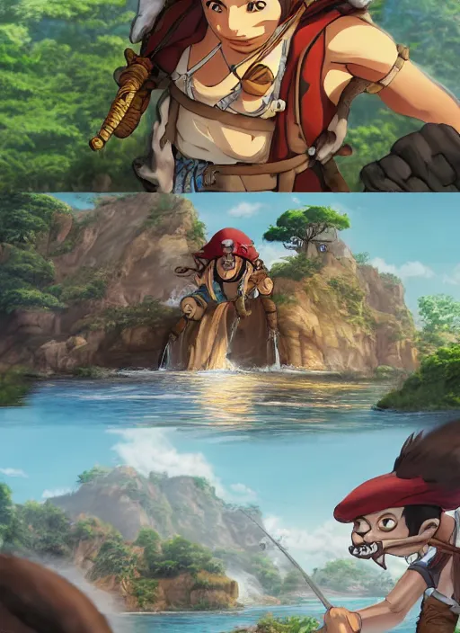 Image similar to studio ghibli pathfinder 2 and illustration of pirate monkey, pirate themed, character portrait, unreal engine, hyper realism, realistic shading, cinematic composition, realistic render, octane render, detailed textures, photorealistic, wide shot