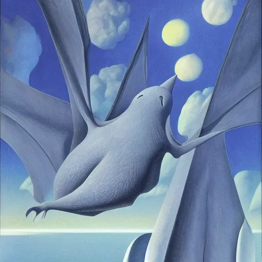 Prompt: ! dream a giant bat over ocean floor, art by rene magritte - francois schuiten - ralph mc quarrie - jean giraud