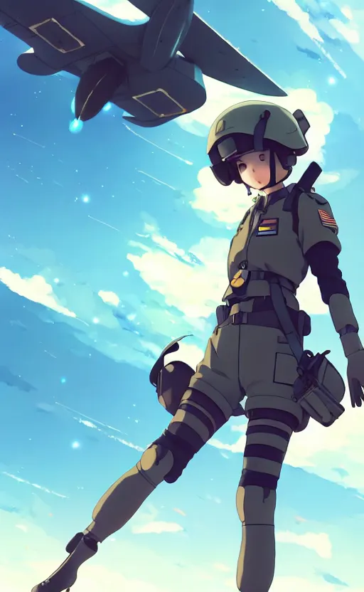 Prompt: cute pilot girl flying, black sky background, battlefield landscape, illustration concept art anime key visual trending pixiv fanbox by wlop and greg rutkowski and makoto shinkai and studio ghibli and kyoto animation, soldier clothing, military weaponry, fused airplane parts in legs, enemy ufo using lasers