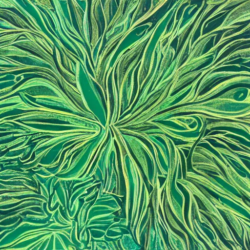 Image similar to an abstract painting of a dark plant sprawling out across a mint green background