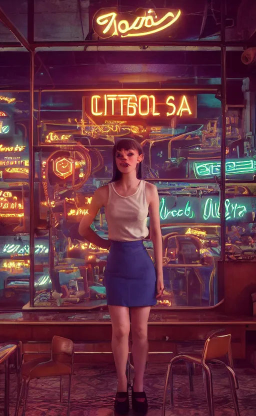 Image similar to vertical movie frame portrait of girl in 5 0's retro restaurant interior, neon - decorated urban on night in the city seen through the window, modern interior design, architectural design, vintage, night blade runner, dark, postapocalyptic, clean lines, 4 k, octane, lunarcore city at distance, big windows, octane, wide angle