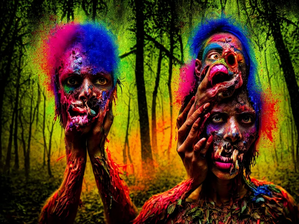 Prompt: a portrait of a beautiful colorful ( flesh - eating ) kala covered in raindow fur, eating the leg of a screaming man, ground covered in maggots, in a kaleidoscope forest with melting trees, schizophrenic hallucination, fear, morbid, nightmare, supernatural, 8 k, hd photography, highly detailed, chiaroscuro, terrifying