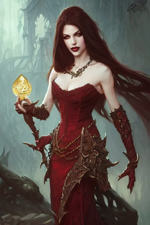 Image similar to beautiful vampire female princess, full body shot, fangs showing, d & d, fantasy, intricate, elegant, highly detailed, digital painting, artstation, concept art, matte, sharp focus, illustration, hearthstone, art by artgerm and greg rutkowski and alphonse mucha