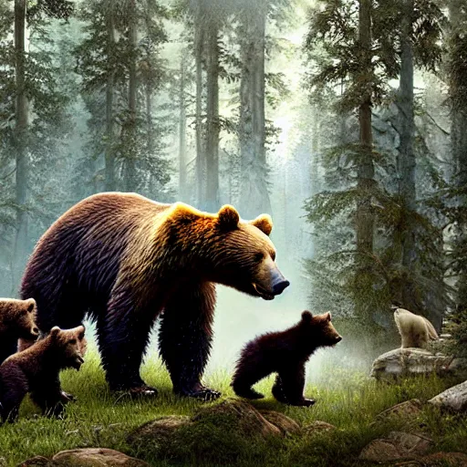 Prompt: wild bear with cubs in the forest, realistic, tone mapping, akihiko yoshida, james jean, andrei riabovitchev, marc simonetti, digital illustration, greg rutowski, high key lighting, volumetric lighting, digital art, highly detailed, intricate, ornate, complex, octane render