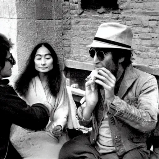 Prompt: john lennon and yoko ono smoking with an old nepali man from 1970s era, vintage photograph