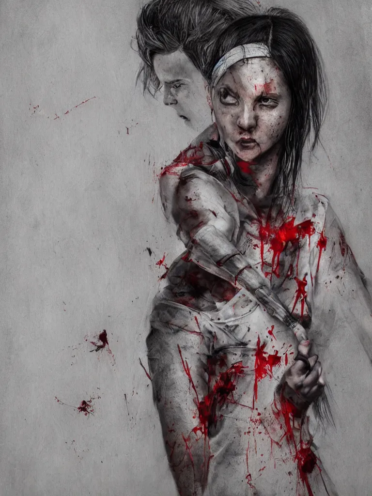 Image similar to young adult woman playing tennis, cyberpunk, painful, portrait, cardboard, blood stains on shirt, blood on tennis court, bleeding audience, illustration, traditional drawing style, dramatic mood, textured canvas, highly detailed, fine art, melancholic art, oil pastels, 8 k render octane high definition cgsociety
