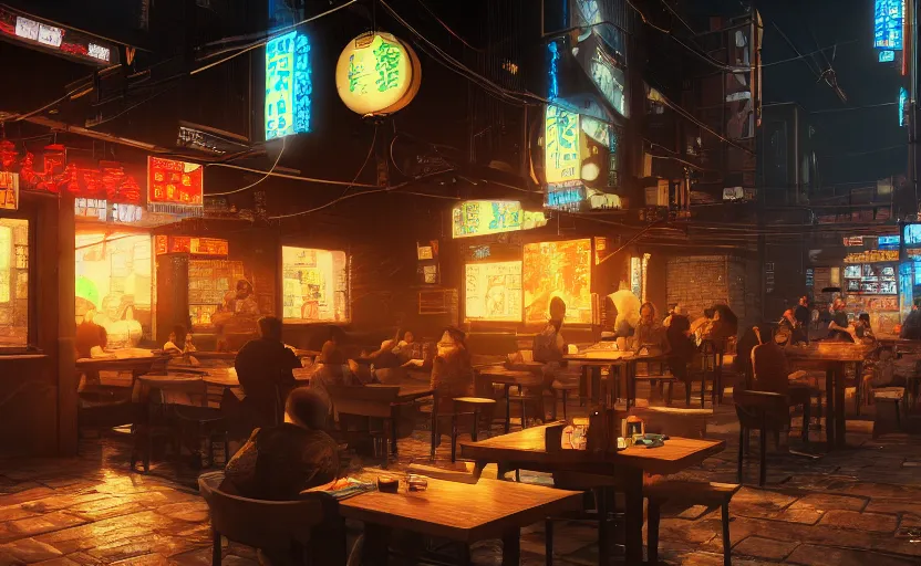 Image similar to a small cozy hole in the wall ramen restaurant nestled in a busy street of a bustling thriving cyberpunk city at night, trending on cgsociety, unreal engine, 4 k wallpaper