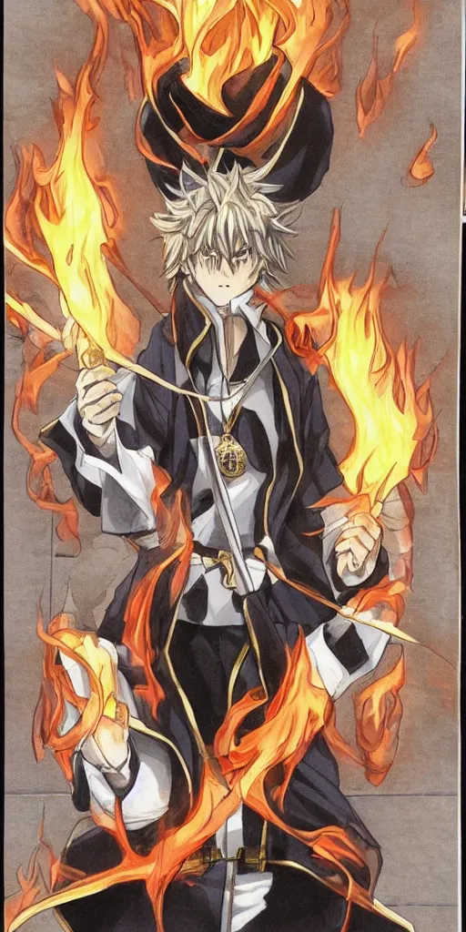 Image similar to powerful anime judge with a magic gavel on fire, in a court room with a justice scale on his desk, drawn by a famous anime artist, high quality, fine lines, amazing detail. colored, the justice tarot card