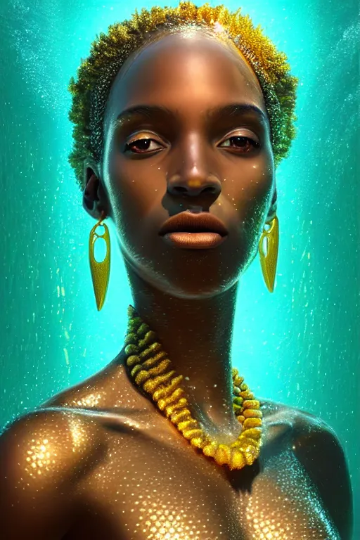 Prompt: hyperrealistic precisionist cinematic underwater scene with fish and algae, very expressive! translucent elegant african goddess, full body, gold jewerly, highly detailed face, digital art masterpiece, eric zener aykut aydogdu, volumetric light, long shot, low angle uhd 8 k, sharp focus