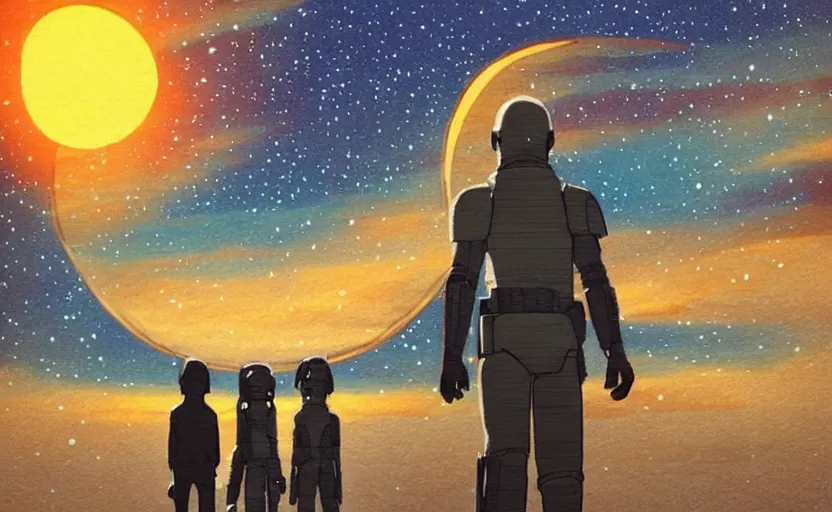 Prompt: star wars binary sunsets in a ghibli realistic style