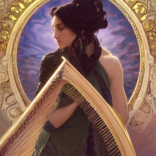 Image similar to a strange harp, d & d, fantasy, intricate, elegant, highly detailed, digital painting, artstation, concept art, smooth, sharp focus, illustration, art by artgerm and greg rutkowski and alphonse mucha