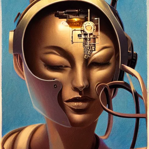 Image similar to detailed face of a woman, clockwork, moment, tectonic sky, skydome, bullet train, turbines, utopian, tech noir, wet reflections, prism, atmospheric, ambient, pj crook, syd mead, livia prima, greg rutkowski, emma uber, edward hopper