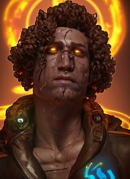 Image similar to glowwave portrait of curly hair muscular man from borderlands 3, au naturel, hyper detailed, digital art, trending in artstation, cinematic lighting, studio quality, smooth render, unreal engine 5 rendered, octane rendered, art style by klimt and nixeu and ian sprigger and wlop and krenz cushart.