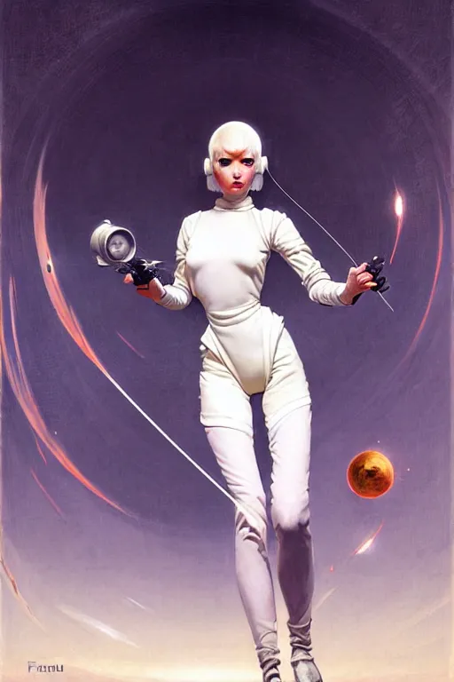 Image similar to pulp scifi fantasy illustration full body android girl, fencer, white hair, futuristic design, crafting, diy, by norman rockwell, roberto ferri, daniel gerhartz, edd cartier, jack kirby, howard brown, ruan jia, tom lovell, jacob collins, dean cornwell, astounding stories, amazing, fantasy, other worlds