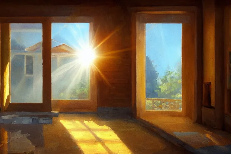 Image similar to rays of the morning sun shining through the window of the village house. very beautiful, clear sky, warm shiny colors, oil painting, high detail, trending on artstation