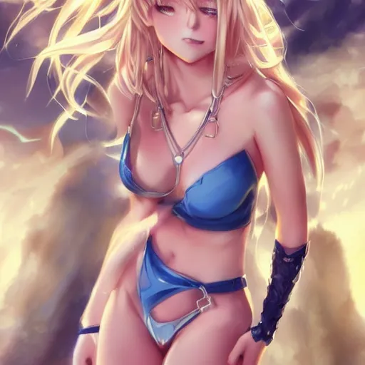 Image similar to full body shot : a very beautiful young blond anime girl imprisoned by golden chains, sky blue eyes,, tattoo, bikini, miniskirt, highly detailed, cinematic wallpaper by stanley artgerm lau