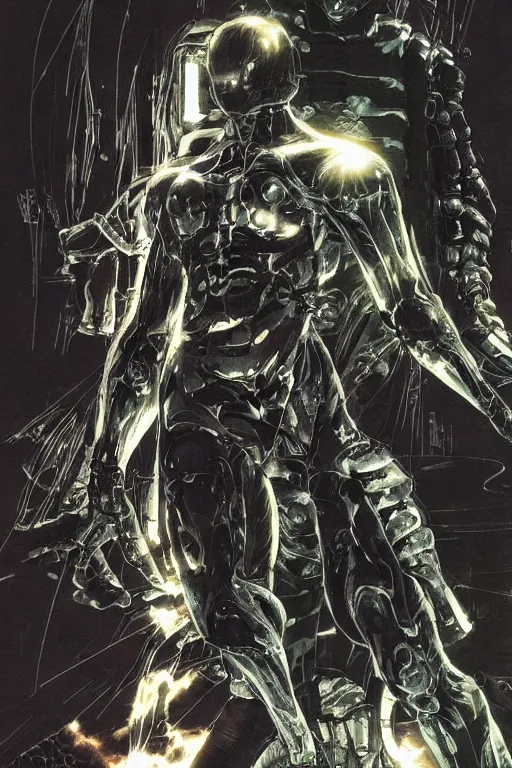 Prompt: powerful soldier wearing a crynet nanosuit with biological muscle augmentation, at dusk, a color illustration by tsutomu nihei, tetsuo hara and katsuhiro otomo