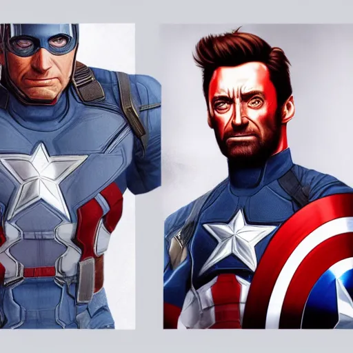 Image similar to Hugh Jackman is Captain America, hyperdetailed, artstation, cgsociety, 8k