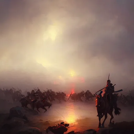 Image similar to epic portrait of army of spartan fighters preparing for battle, cloudy, rain, glowing, huge, broad light, ambient occlusion, volumetric light effect, made by ivan aivazovsky, peter mohrbacher, greg rutkowski, matte painting, trending on artstation, 4 k, perfectly defined features, digital painting,