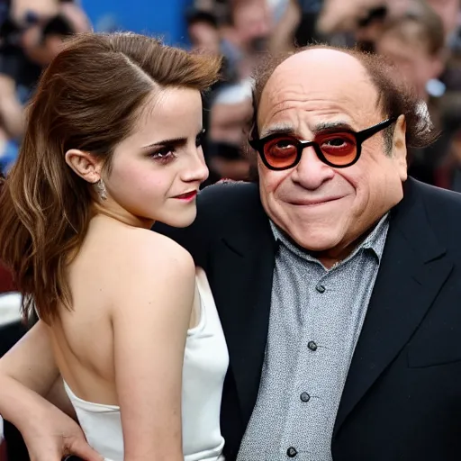 Image similar to danny devito and emma watson french kissing in public, detailed, gross, cinematic, 8 k