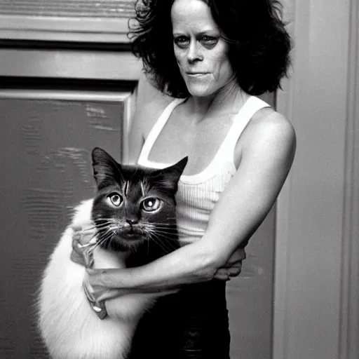 Image similar to detailed professional photographic portrait of Sigourney Weaver wearing a white singlet and her cat moving apartment New York City 1983, building entrance way Art Deco,, cinematic feel, high octane