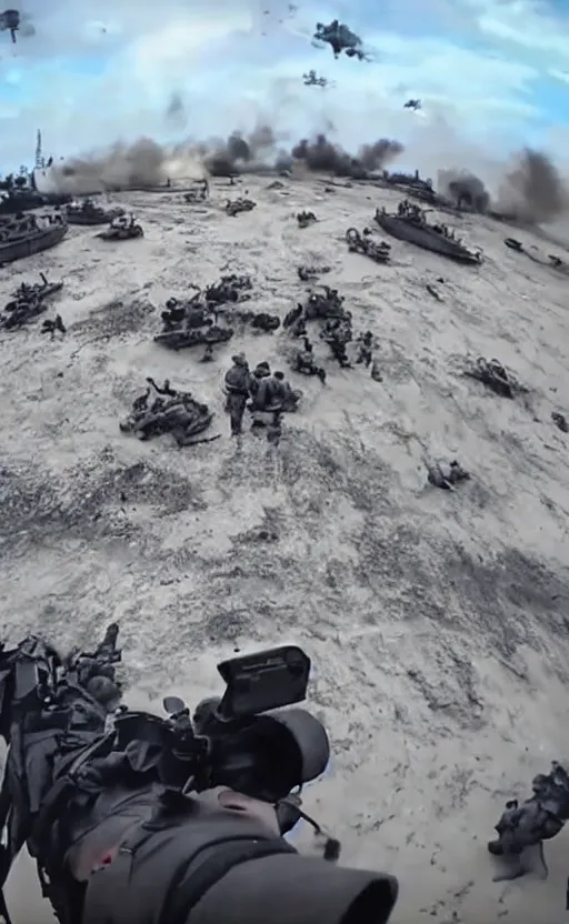 Prompt: gopro footage of d - day, solldiers, explosions, ultra realistic, cinematic, lighting, terrifying,
