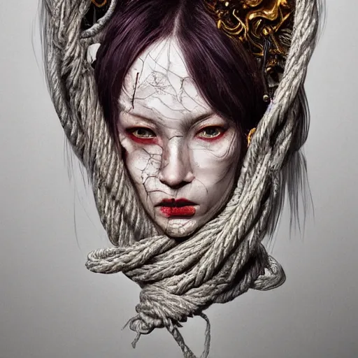 Image similar to portrait of a Shibari rope wrapped face and neck, headshot, insanely nice professional hair style, dramatic hair color, digital painting, of a old 17th century, old cyborg merchant, amber jewels, baroque, ornate clothing, scifi, realistic, hyperdetailed, chiaroscuro, concept art, art by Franz Hals and Jon Foster and Ayami Kojima and Amano and Karol Bak,