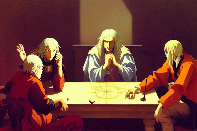 Prompt: anime key visual of leonardo davinci consorting with demons, style of jamie wyeth james gilleard edward hopper greg rutkowski acrylic painting, preserved museum piece, historical