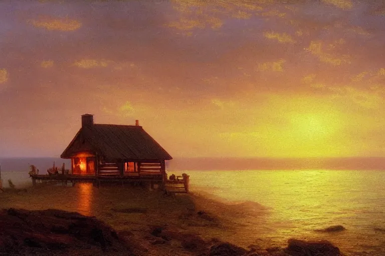 Prompt: sunset over a wooden cabin on the coast in the distance, sea, waves, oil painting, very detailed, colorful, cinematic lighting, albert bierstadt, theodor kittelsen, trending on artstation