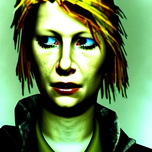 Image similar to close up portrait of heather mason in silent hill 3, on stage at heaven's night nightclub, 8 k, realistic,, richard avedon photography