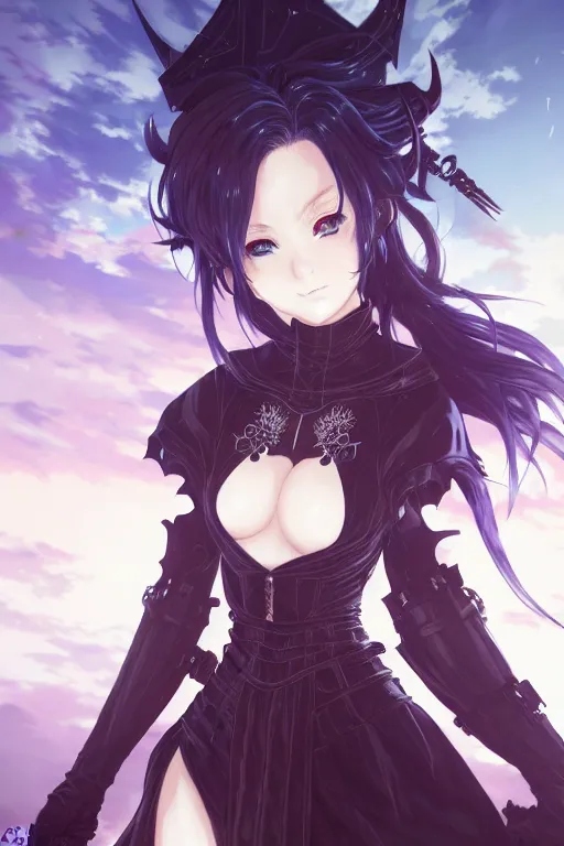 Image similar to anime key visual, hyperrealistc detailed face portrait atrocity female dark knight, game of thrones, devil action pose at gothic castle sunrise, absurdly beautiful, gorgeous, elegant, sophisticated, by loish and ayanamikodon and irakli nadar and rossdraws, intricate linework, octopath traveler, final fantasy, blender highly rendered, detailed and intricate environment